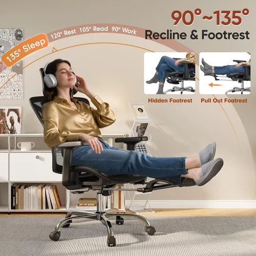 Miniatura 10 de Silla de oficina ergonómica con reposapiés, silla de escritorio cómoda con soporte lumbar ajustable 3D y reposabrazos y reposacabezas, inclinación