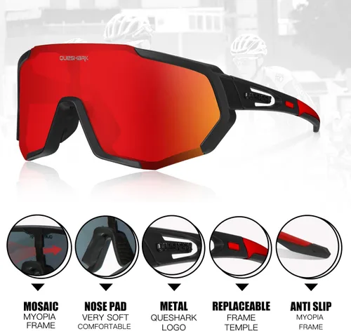 Miniatura 3 de Queshark - Gafas de ciclismo, lentes de sol deportivos para hombres y mujeres, 1 lente polarizada 2 HD, lentes de sol polarizados para ciclismo