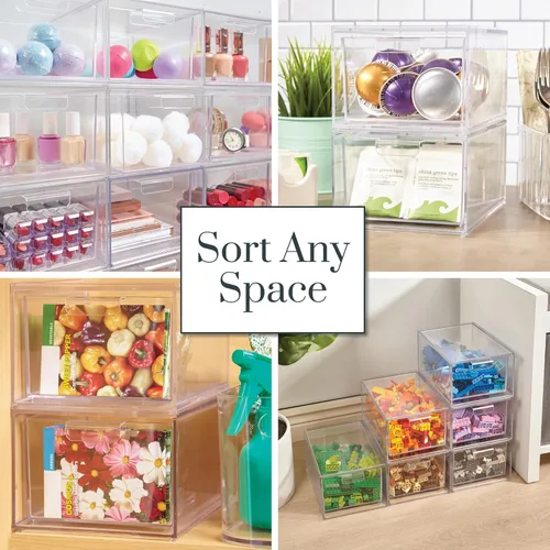 Miniatura 6 de STORi Audrey - Cajones organizadores apilables de plástico transparente Juego de 2 piezas Organiza cosméticos y suministros de belleza en un