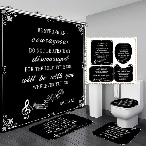 Miniatura 19 de Juego de 4 cortinas de ducha con citas inspiradoras, escaleras de arte en blanco y negro, decoración de baño motivacional para hombres, cortina