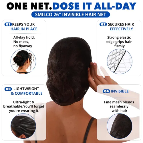 Miniatura 2 de Smilco - 100 unidades de red para el cabello, malla elástica invisible de 22 pulgadas, para hacer moños, ballet, bailarina, cocina, comida (negro)