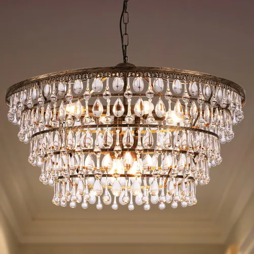 Wellmet - Candelabro de cristal de estilo granja, 5 niveles, lámparas de luz de cristal colgantes, modernas, de bronce, para techo, lámparas