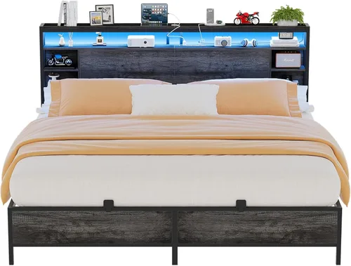 Miniatura 8 de Unikito Base de cama de tamaño individual con estación de carga y luz LED RGB, plataforma resistente con cabecera de almacenamiento, listones