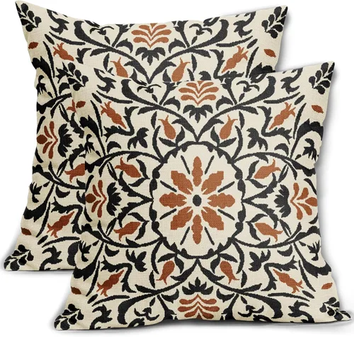 Sweetshow Juego de 2 fundas de almohada de color negro y naranja quemado estilo bohemio con estampado floral vintage, estilo alfombra étnica, Negro