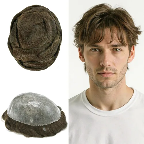 Miniatura 42 de Toupee para hombres de piel fina inyección de PU unidad de peluca para hombre, pieza de cabello humano natural real, sistema de repuesto