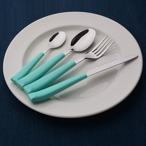Miniatura 5 de ANNOVA Juego de cubiertos de acero inoxidable con mango colorido, utensilios de cocina, incluye cuchillos, tenedores, cucharas y cucharas de postre