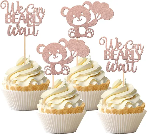 Miniatura 13 de 24 PIEZAS Oso de Peluche con Texto "We Can Bearly Wait" Adornos de Cupcake con Purpurina, Globo Oso para Revelación de Género, Adornos de Baby