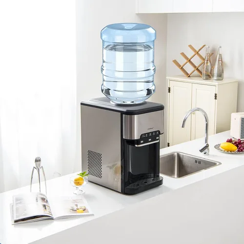 Miniatura 9 de COSTWAY Dispensador de agua 3 en 1 con máquina de hielo, máquina enfriadora de agua caliente y fría de carga superior para el hogar, bloqueo