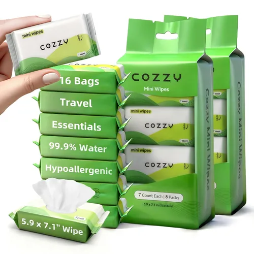 Miniatura 10 de COZZY Mini toallitas de viaje ultracompactas, suaves y agradables al tacto, sin perfume, sin alcohol, sin parabenos, ideales para adultos, niños