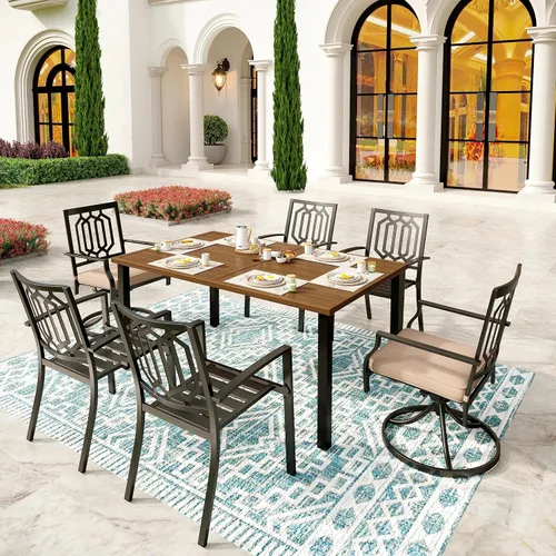 Miniatura 10 de SUNSHINE VALLEY Juego de 7 sillas de comedor para patio, material metálico, 6 sillas de comedor de color teca rectangular con agujero para sombrilla