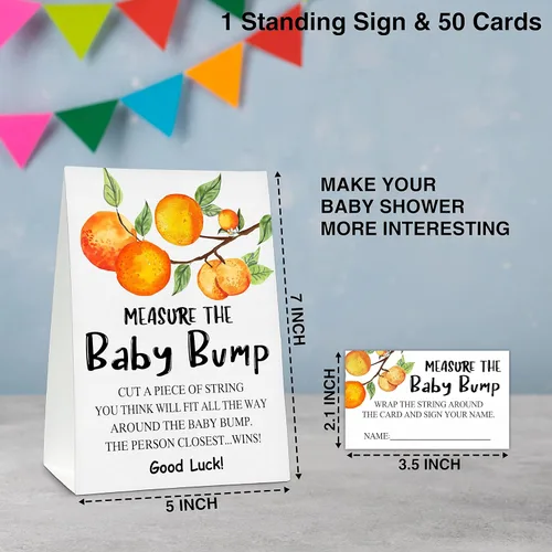 Miniatura 2 de Measure the Baby Bump - Juego de juego para baby shower, 1 letrero de pie con 50 tarjetas de adivinanzas, suministros de decoración de fiesta