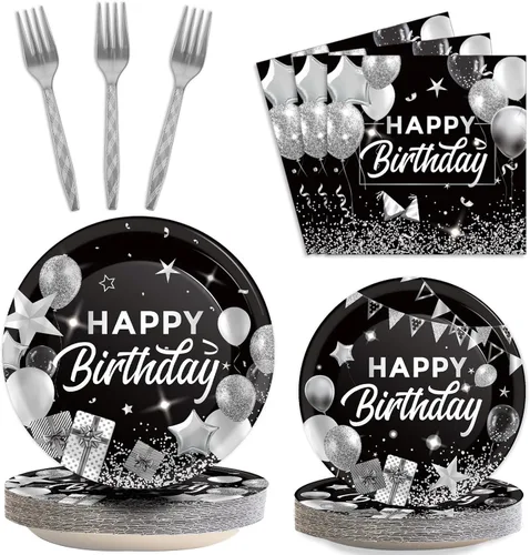 96 piezas de decoraciones de fiesta de feliz cumpleaños en negro, blanco y plateado, juego de vajilla de cumpleaños, confeti espolvoreado, platos de