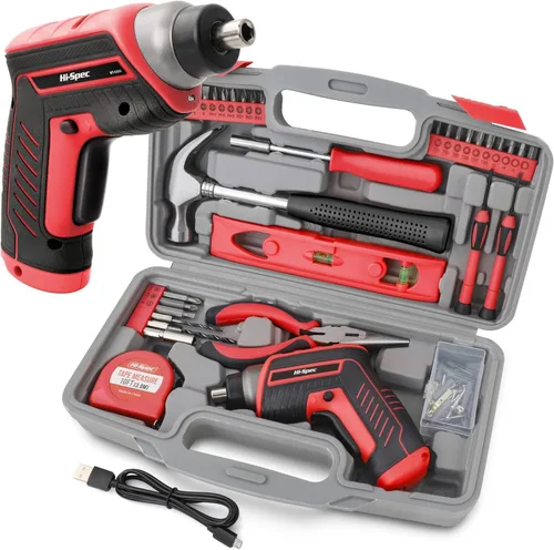 Hi Spec - Kit de herramientas para el hogar rojo de 35 piezas con destornillador eléctrico recargable por USB de 3,6 V Fácil reparación con