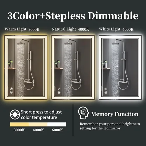 Miniatura 6 de COLMERD Espejo LED de 28 x 36 pulgadas para baño, 3 colores regulables, espejo de baño con luces, espejo de tocador antivaho brillo iluminado