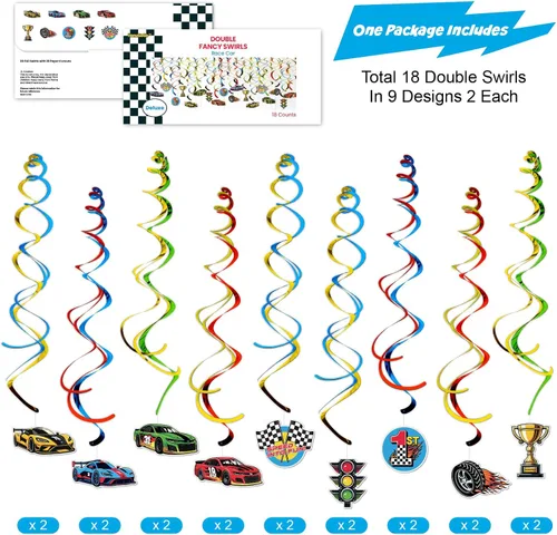 Miniatura 3 de HonuGoGo Kit de decoración de fiesta de cumpleaños de coche de carreras, 26 espirales colgantes con temática de carreras, carteles y recortes