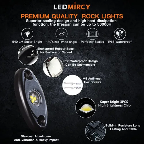 Miniatura 4 de LEDMIRCY R1 - Luces de roca blanca pura, 40 unidades, luces LED de alta potencia para todoterreno, camión, ATV, UTV, SUV, RZR, luz impermeable a