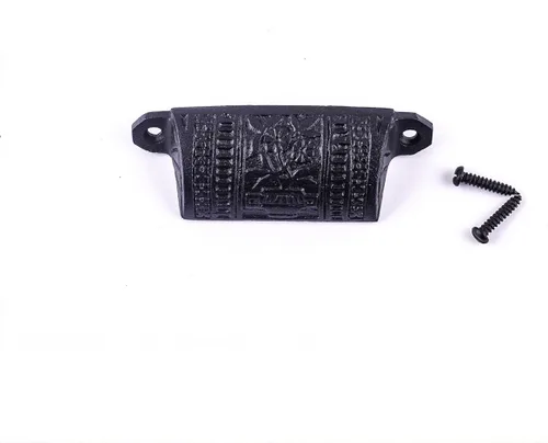 Tirador de hierro forjado antiguo de hierro forjado negro con acabado de recubrimiento en polvo protector con herrajes de 4 pulgadas de ancho x 1.5