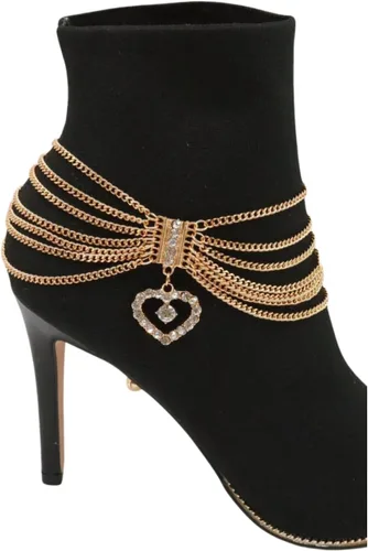 Miniatura 8 de Pulsera de cadena de metal dorado para mujer, estilo occidental, tobillera con dije de corazón, Metal, Sin gemas.