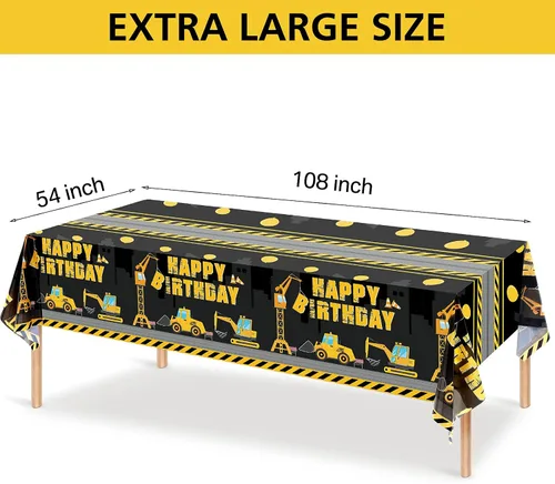 Miniatura 2 de Tatuo Mantel de construcción de feliz cumpleaños, diseño de camión volquete, cubierta de mesa de tractor de plástico impreso, suministros de Negro