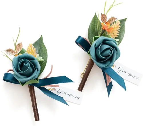 Miniatura 19 de Ling's moment Boutonniere para hombres, 2 piezas de novios, padrinos de boda, flores artificiales para bodas, bailes, regreso a casa, etc. Azul Azul