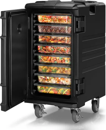 Calentadores de alimentos con ruedas giratorias, calentador de alimentos de caja caliente de 127 cuartos de galón, bisagras de acero inoxidable 304,
