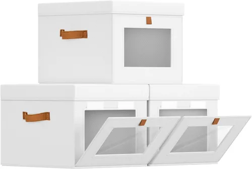 Miniatura 21 de Homsorout Contenedores de almacenamiento con tapa, organizador de armario con apertura lateral y ventana transparente, cesta plegable de tela Beige