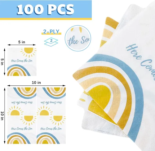 Miniatura 2 de Fulmoon 100 servilletas de decoración de baby shower con texto en inglés «Here Comes the Son» (Here Comes the Son), servilletas desechables