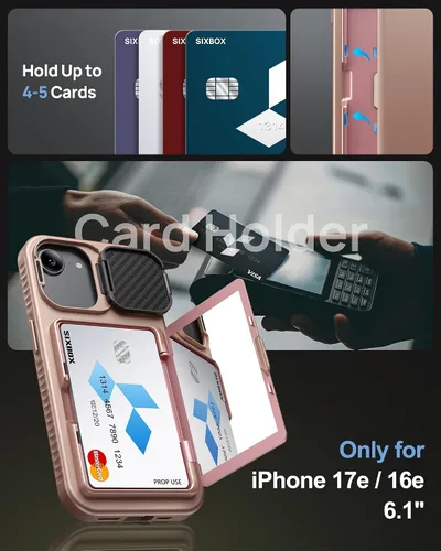 Miniatura 3 de Funda para iPhone 16e con Tarjetero y Cubierta de Lente de Cámara con Soporte, Protección contra Caídas de Grado Militar a Prueba de Golpes Oro rosa