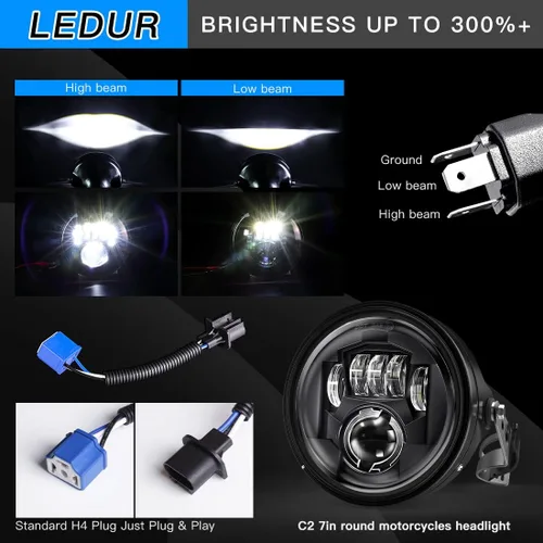Miniatura 4 de LEDUR - Faro delantero LED redondo para motocicleta de 7 pulgadas, aprobado por DOT, con haz alto y bajo, con carcasa y cubeta, para Harley, Yamaha
