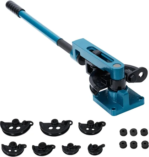 Dobladora de tubos, dobladora manual de tubos de 3/8 a 1 pulgada con cortador de tubos y 7 troqueles resistentes, doblado fácil y rápido de 0-180°,