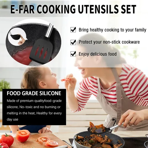 Miniatura 6 de E-far - Juego de utensilios de cocina de silicona, juego de 30 utensilios de cocina con soporte, espátulas de cocina resistentes al calor, cucharón