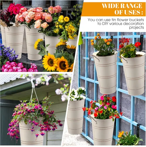 Miniatura 6 de Chumia 6 jarrones de metal galvanizado de 12 pulgadas, cubo de flores francesas para flores cortadas, decoración de cubo de flores de metal, Beige