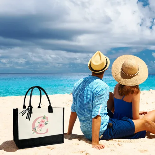 Miniatura 7 de DEEZOMO Initial Canvas Tote Bag for Women, Beach Bag with Inner Zipper Pocket Personalized Gifts for Wedding, Birthday