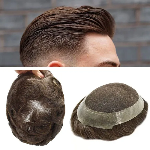 Miniatura 26 de Toupee para hombres Piezas de pelo suizo encaje Real Cabello humano sistema de reemplazo para hombres Toupee Protesis Capilar Para Hombre 7x9