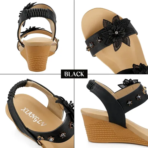 Miniatura 3 de Sandalias de cuña para mujer, correas elásticas en el tobillo, puntera abierta, elegantes suelas gruesas, cómodas parejas de ensueño