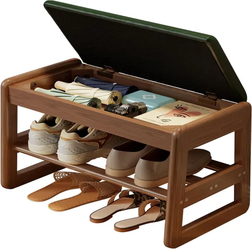Miniatura 14 de AQIMUELE Banco pequeño para zapatos, banco de zapatos de 2 niveles con almacenamiento con tapa abatible, zapatero de madera para entrada, pasillo