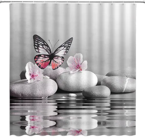 Miniatura 10 de GCTNBJL Cortina de ducha con diseño de mariposas y flores de cerezo y grises, romántica, soñador, mujer, niñas, relajarse, naturaleza, decoración