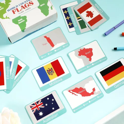 Miniatura 4 de 244 tarjetas didácticas de banderas de países del mundo, continente, capitales, población, bandera de país, geografía, juego de tarjetas educativas