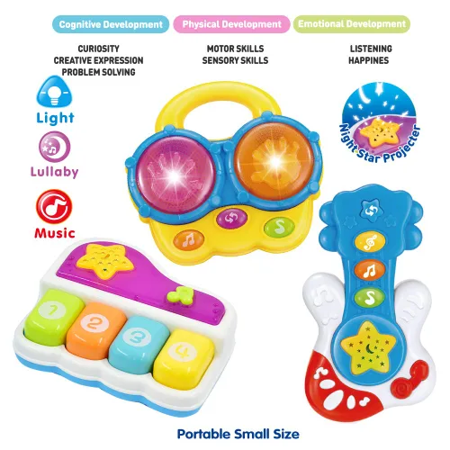 Miniatura 5 de WEofferwhatYOUwant Juego de instrumentos musicales para bebés – Piano, batería Bongo y guitarra – Proyector de juguetes iluminados para bebés de 6