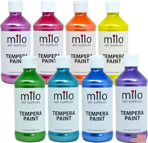 milo Pintura lavable | Témpera nacarada brillante | Juego de 8 colores de botellas de 8 onzas | Fabricado en los Estados Unidos | Pinturas de póster