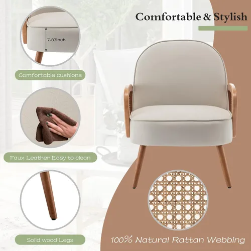 Miniatura 3 de Aklaus Silla decorativa moderna de mediados de siglo con brazos de ratán, tapizada de ratán, silla bohemia para sala de estar, dormitorio, balcón