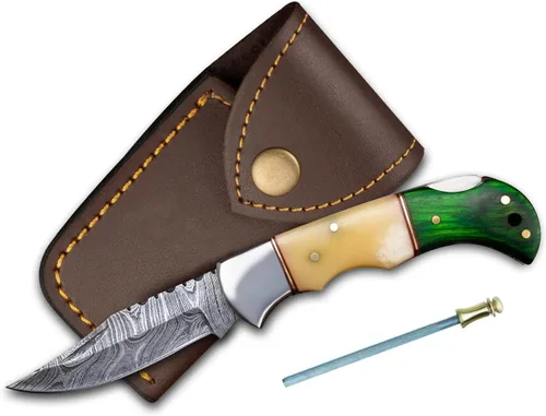 Miniatura 10 de Cuchillo de bolsillo de hueso de camello de acero damascus para hombres, regalos plegables de cuchillo de hoja para él, cuchillos hechos a mano