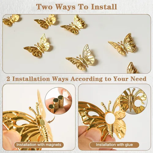 Miniatura 6 de 18 piezas de decoración de mariposa dorada, calcomanías de pared de mariposa 3D extraíbles, calcomanías de imanes para refrigerador, decoración