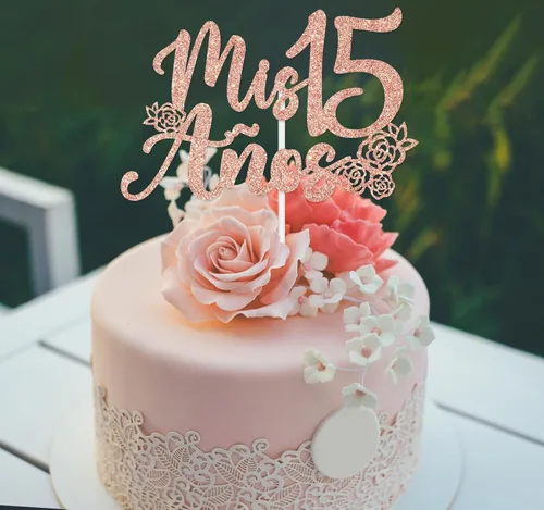 Miniatura 3 de Decoración para tartas Mis 15 años con purpurina de oro rosa, feliz 15 años, feliz 15 años, decoración de fiesta de cumpleaños con temática