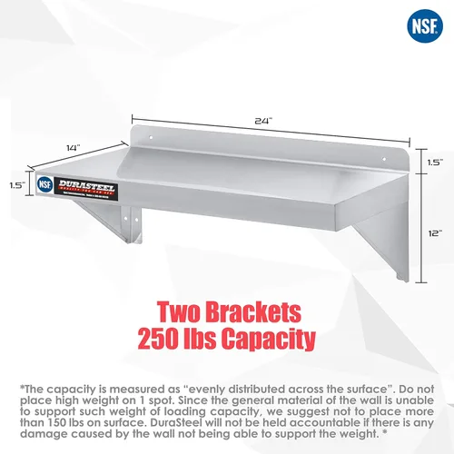 Miniatura 3 de DuraSteel Estante de acero inoxidable para montaje en pared, 24 pulgadas de ancho x 14 pulgadas de profundidad, grado comercial, certificado NSF