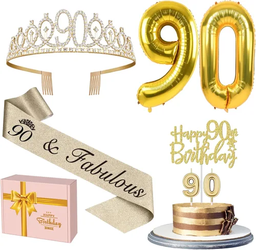 Miniatura 58 de Decoraciones doradas de 70 cumpleaños para mujer con banda y tiara de cumpleaños 70, adorno para pastel y velas, globos de números, regalos de 70