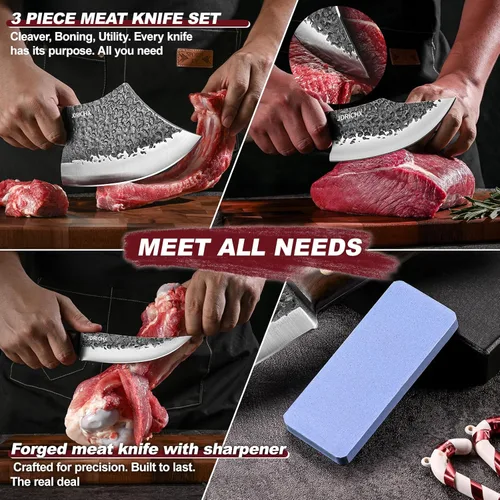 Miniatura 2 de Juego de 3 cuchillos de carnicero, juego de cuchillos de carnicero forjados a mano y cuchillo para deshuesar con mango de espiga completa, juego
