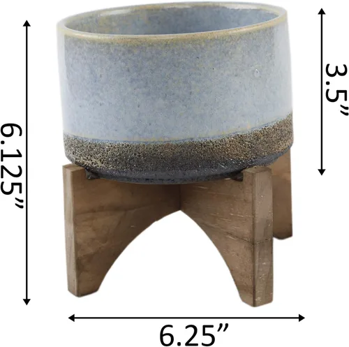 Miniatura 2 de Flora Bunda Mid Century - Soporte de cerámica de lava sobre madera, 5.1 pulgadas, color azul