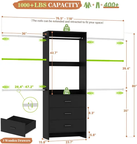Miniatura 7 de Aheaplus Sistema de Armario con 3 Cajones de Madera, Organizador de Vestuario con Entrada, Estante de Ropa con 4 Barras para Colgar, Perchero, -4R