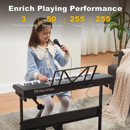Miniatura 4 de Teclado de piano de 61 teclas, piano eléctrico con teclas iluminadas, 255 tonos/ritmos, sistema de aprendizaje inteligente, auriculares, micrófono